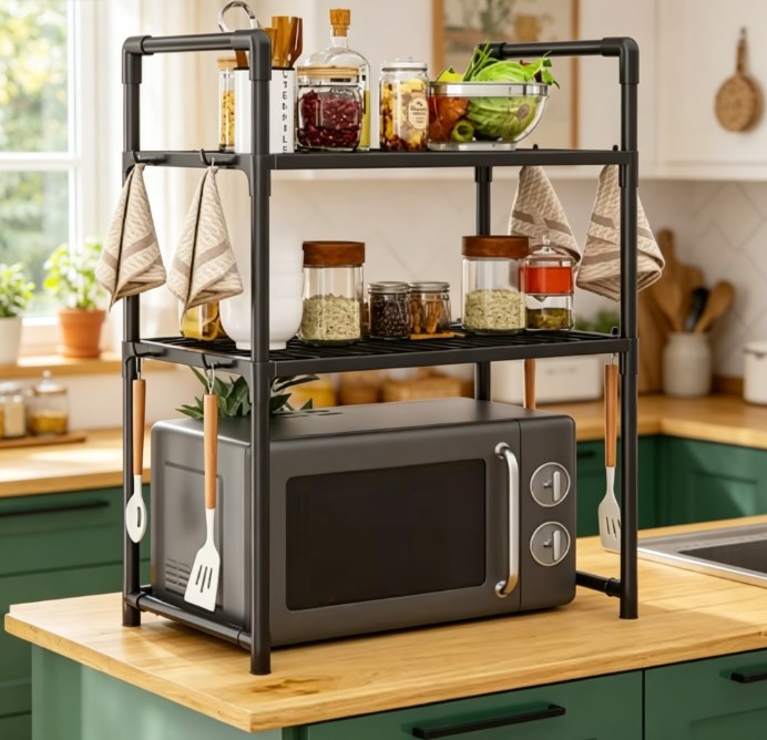 Heavy-Duty Expandable Microwave Oven Rack – Multi-Functional Countertop Storage Organizer with Adjustable Height & 6 Utility Hooks