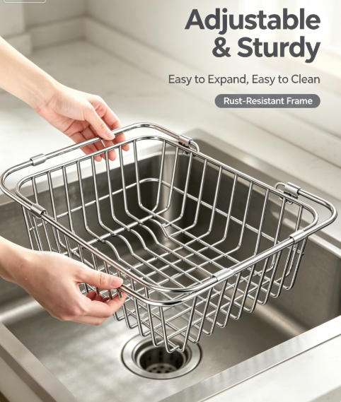 Adjustable Countertop Dish Drainer & Storage Shelf - Heavy-Duty Stainless Steel Sink Extension Rack