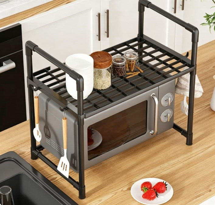 Heavy-Duty Expandable Microwave Oven Rack – Multi-Functional Countertop Storage Organizer with Adjustable Height & 6 Utility Hooks