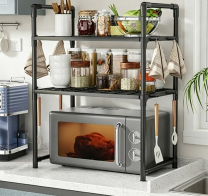 Heavy-Duty Expandable Microwave Oven Rack – Multi-Functional Countertop Storage Organizer with Adjustable Height & 6 Utility Hooks