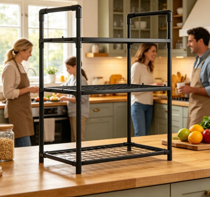 Heavy-Duty Expandable Microwave Oven Rack – Multi-Functional Countertop Storage Organizer with Adjustable Height & 6 Utility Hooks