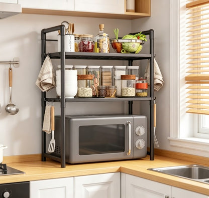 Heavy-Duty Expandable Microwave Oven Rack – Multi-Functional Countertop Storage Organizer with Adjustable Height & 6 Utility Hooks