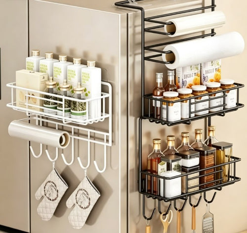 Magnetic Refrigerator Side Organizer – Heavy-Duty Carbon Steel Space-Saver Rack for Cling Film, Spices, and Kitchen Essentials (Punch-Free & Multi-Tier)