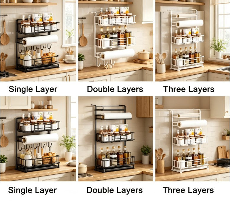 Magnetic Refrigerator Side Organizer – Heavy-Duty Carbon Steel Space-Saver Rack for Cling Film, Spices, and Kitchen Essentials (Punch-Free & Multi-Tier)