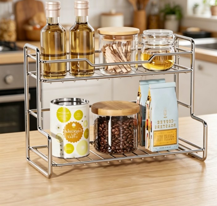 Premium 2-Tier Stainless Steel Multi-Purpose Organizer – Punch-Free Space-Saving Storage Rack for Bathroom, Kitchen, Bedroom & Desktop
