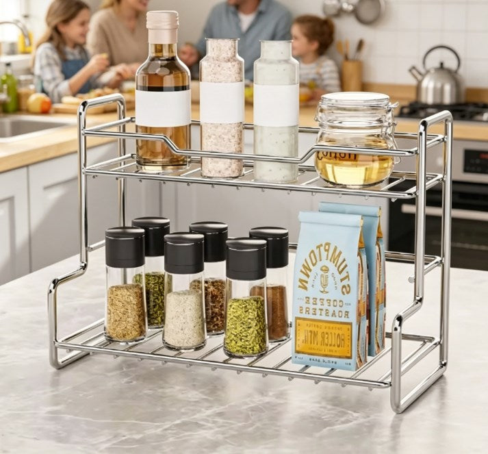 Premium 2-Tier Stainless Steel Multi-Purpose Organizer – Punch-Free Space-Saving Storage Rack for Bathroom, Kitchen, Bedroom & Desktop