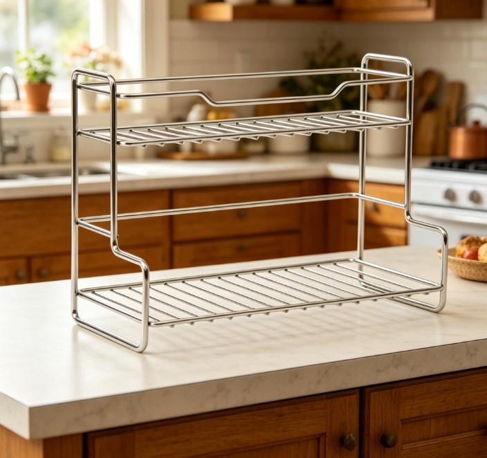 Premium 2-Tier Stainless Steel Multi-Purpose Organizer – Punch-Free Space-Saving Storage Rack for Bathroom, Kitchen, Bedroom & Desktop