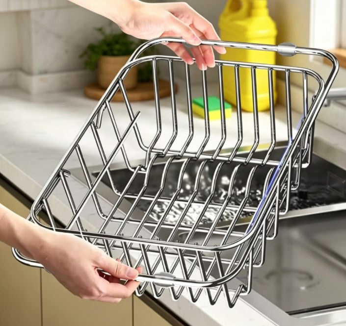 Universal Telescopic Sink Drain Rack – Premium Stainless Steel Dish Drying Rack & Countertop Organizer, Expandable Non-Slip Design for Kitchen & Bathroom