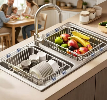 Universal Telescopic Sink Drain Rack – Premium Stainless Steel Dish Drying Rack & Countertop Organizer, Expandable Non-Slip Design for Kitchen & Bathroom