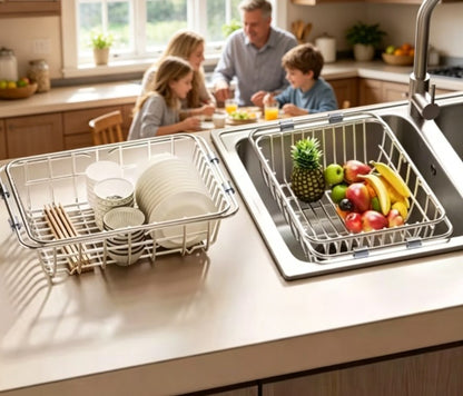 Universal Telescopic Sink Drain Rack – Premium Stainless Steel Dish Drying Rack & Countertop Organizer, Expandable Non-Slip Design for Kitchen & Bathroom
