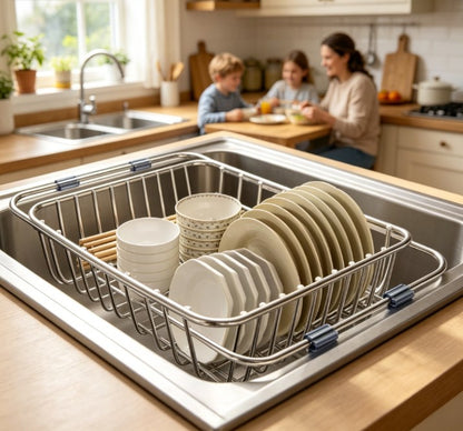Universal Telescopic Sink Drain Rack – Premium Stainless Steel Dish Drying Rack & Countertop Organizer, Expandable Non-Slip Design for Kitchen & Bathroom