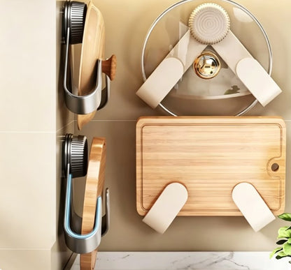 Universal Wall-Mounted Pot Lid & Cutting Board Holder – Heavy-Duty Multi-Purpose Kitchen Organizer with Punch-Free Instant Installation