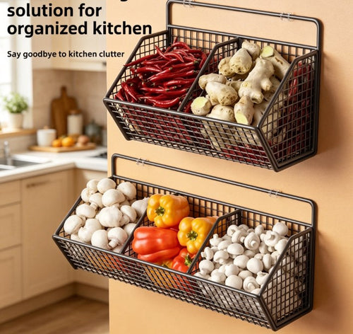 Vertical Fresh-Pantry Wall Organizer – Punch-Free Kitchen Wire Basket for Ginger, Garlic, & Green Onions, Multi-Functional Spice & Herb Storage Station