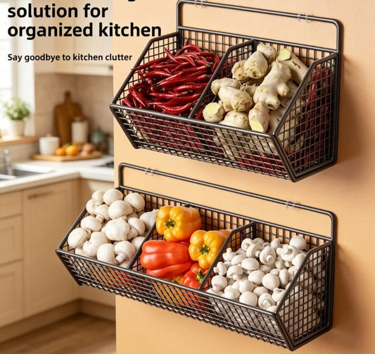 Vertical Fresh-Pantry Wall Organizer – Punch-Free Kitchen Wire Basket for Ginger, Garlic, & Green Onions, Multi-Functional Spice & Herb Storage Station