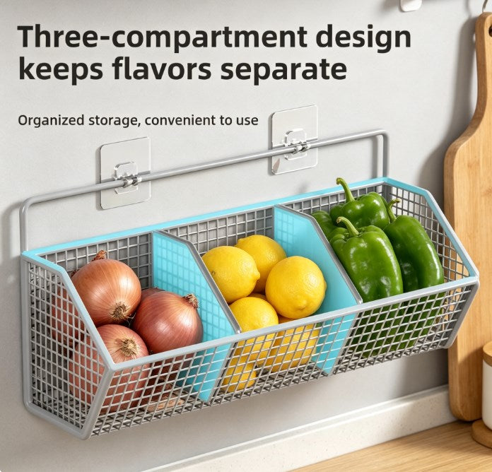 Vertical Fresh-Pantry Wall Organizer – Punch-Free Kitchen Wire Basket for Ginger, Garlic, & Green Onions, Multi-Functional Spice & Herb Storage Station