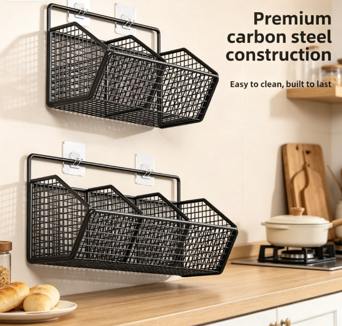 Vertical Fresh-Pantry Wall Organizer – Punch-Free Kitchen Wire Basket for Ginger, Garlic, & Green Onions, Multi-Functional Spice & Herb Storage Station