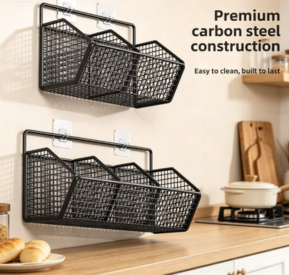 Vertical Fresh-Pantry Wall Organizer – Punch-Free Kitchen Wire Basket for Ginger, Garlic, & Green Onions, Multi-Functional Spice & Herb Storage Station