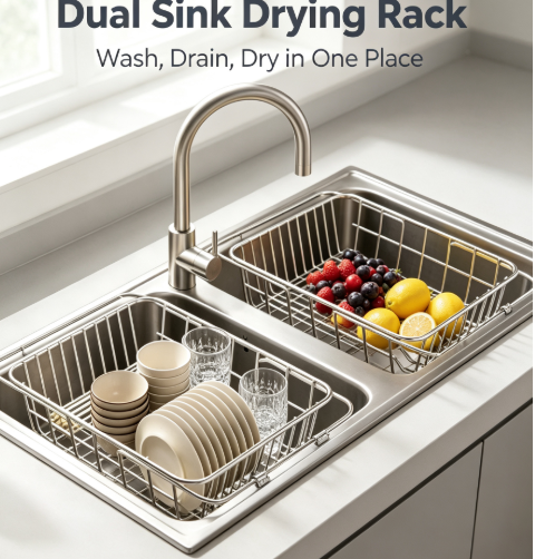 Adjustable Countertop Dish Drainer & Storage Shelf - Heavy-Duty Stainless Steel Sink Extension Rack