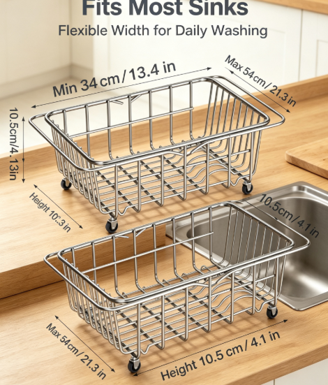 Adjustable Countertop Dish Drainer & Storage Shelf - Heavy-Duty Stainless Steel Sink Extension Rack