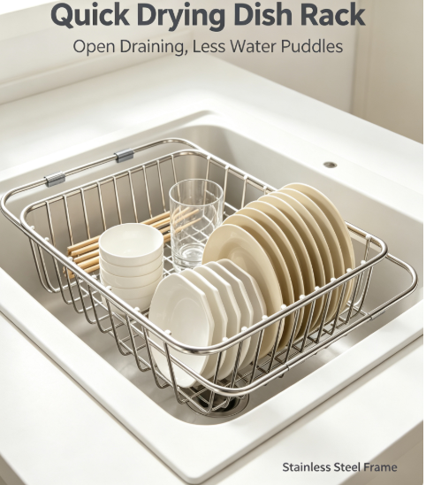 Adjustable Countertop Dish Drainer & Storage Shelf - Heavy-Duty Stainless Steel Sink Extension Rack