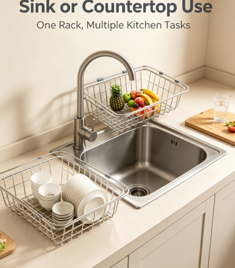 Adjustable Countertop Dish Drainer & Storage Shelf - Heavy-Duty Stainless Steel Sink Extension Rack