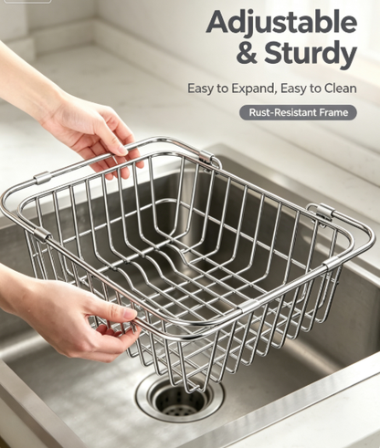 Adjustable Countertop Dish Drainer & Storage Shelf - Heavy-Duty Stainless Steel Sink Extension Rack