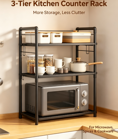 Retractable Kitchen Microwave Oven Organizer - Heavy-Duty Countertop Storage Rack with Hanging Hooks