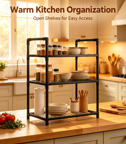 Retractable Kitchen Microwave Oven Organizer - Heavy-Duty Countertop Storage Rack with Hanging Hooks