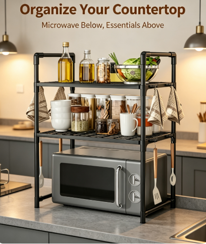 Retractable Kitchen Microwave Oven Organizer - Heavy-Duty Countertop Storage Rack with Hanging Hooks