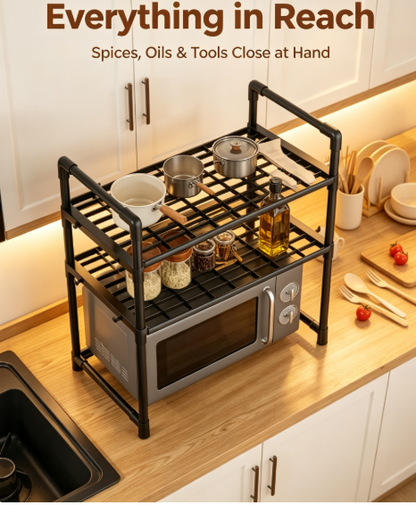 Retractable Kitchen Microwave Oven Organizer - Heavy-Duty Countertop Storage Rack with Hanging Hooks