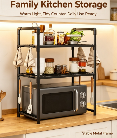 Retractable Kitchen Microwave Oven Organizer - Heavy-Duty Countertop Storage Rack with Hanging Hooks