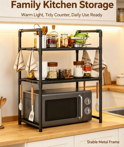 Retractable Kitchen Microwave Oven Organizer - Heavy-Duty Countertop Storage Rack with Hanging Hooks