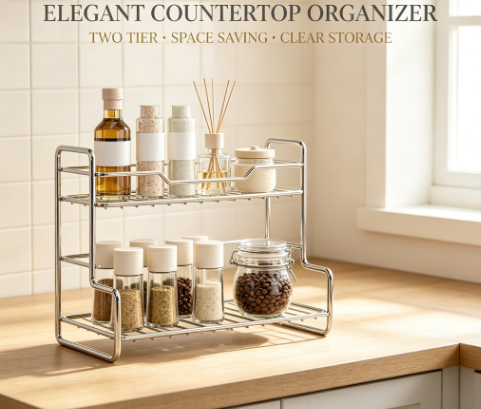 Dual-Layer Stainless Steel Organizing Rack - No-Drill Countertop Storage Stand for Kitchen, Bath, and Bedroom