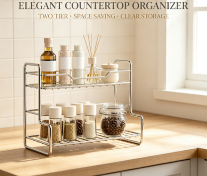 Dual-Layer Stainless Steel Organizing Rack - No-Drill Countertop Storage Stand for Kitchen, Bath, and Bedroom