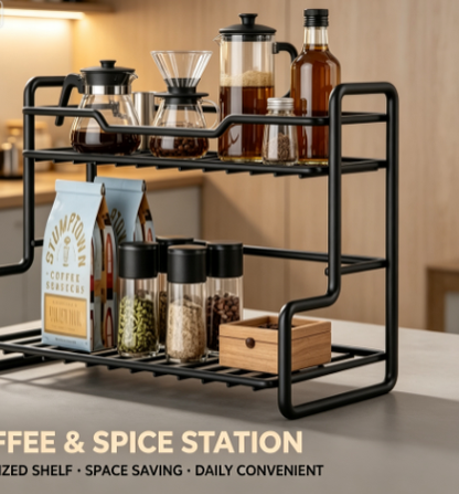 Dual-Layer Stainless Steel Organizing Rack - No-Drill Countertop Storage Stand for Kitchen, Bath, and Bedroom