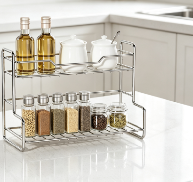 Dual-Layer Stainless Steel Organizing Rack - No-Drill Countertop Storage Stand for Kitchen, Bath, and Bedroom