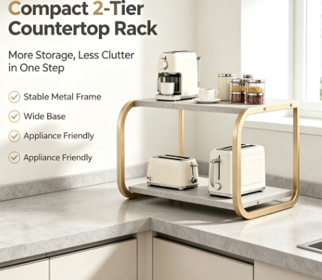 Heavy-Duty 2-Tier Microwave Storage Shelf - Carbon Steel Appliance Stand and Countertop Kitchen Organizer