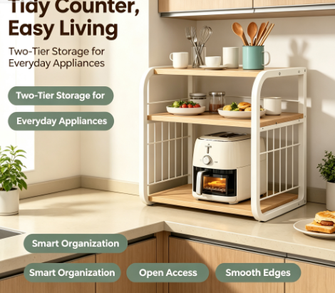 Heavy-Duty 2-Tier Microwave Storage Shelf - Carbon Steel Appliance Stand and Countertop Kitchen Organizer