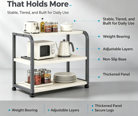Heavy-Duty 2-Tier Microwave Storage Shelf - Carbon Steel Appliance Stand and Countertop Kitchen Organizer