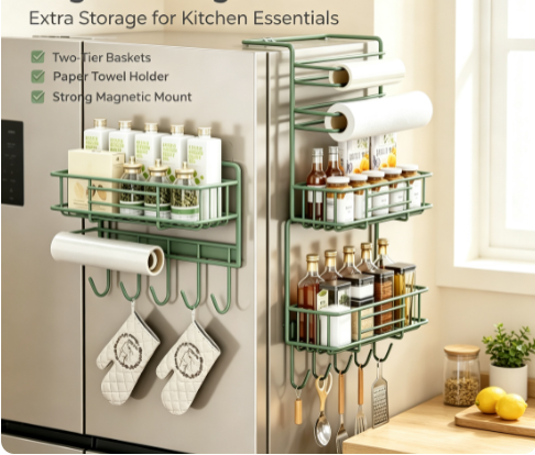 Heavy-Duty Magnetic Utility Shelf - Side-Mounted Kitchen Organizer for Jars and Kitchen Rolls